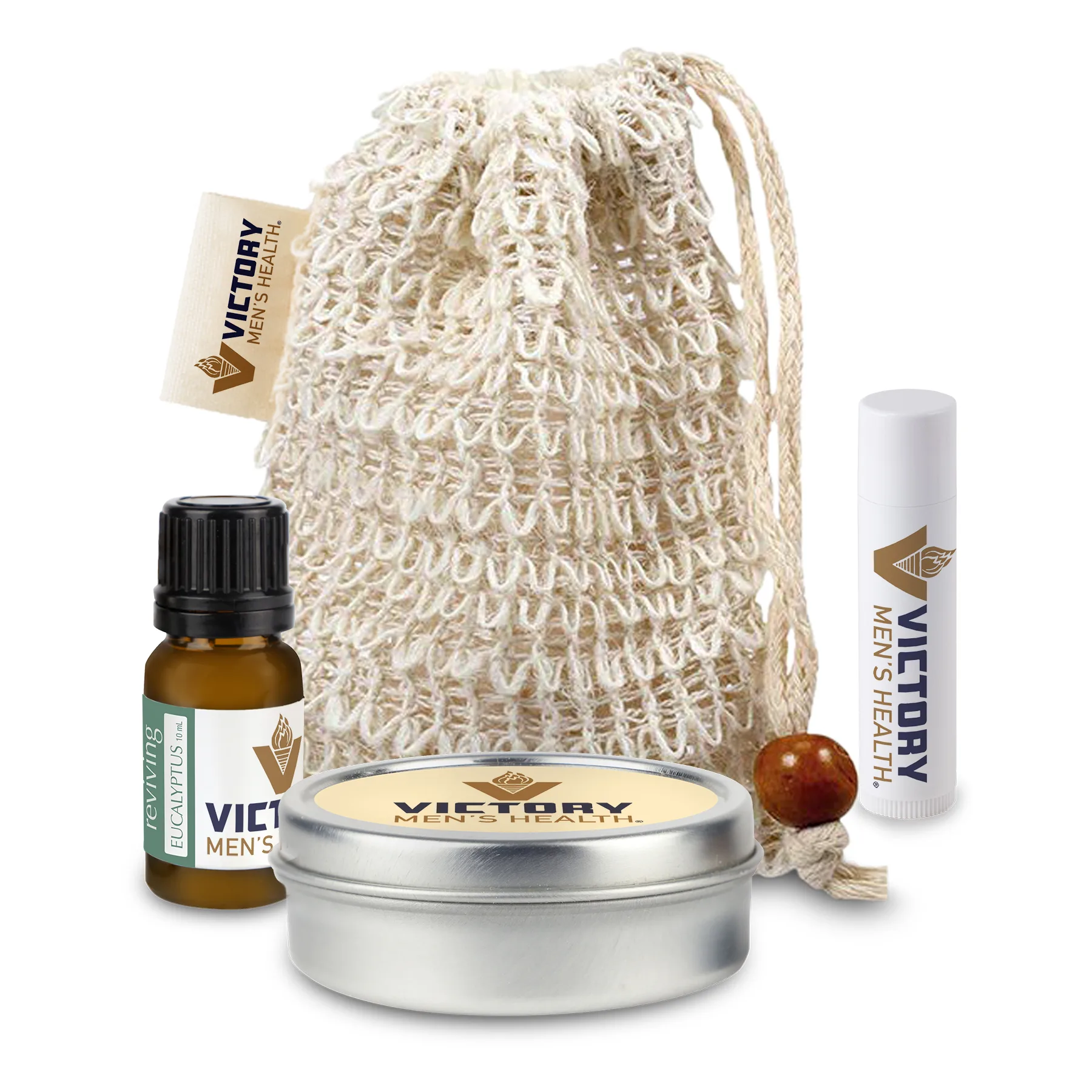 Loofah Bag with Essential Oil, Candle Tin, and Lip Balm