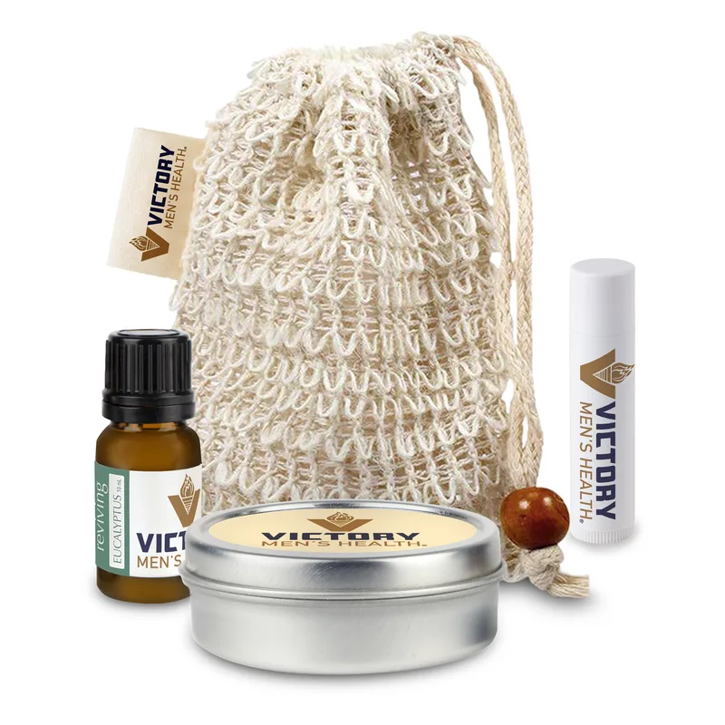 Loofah Bag with Essential Oil, Candle Tin, and Lip Balm