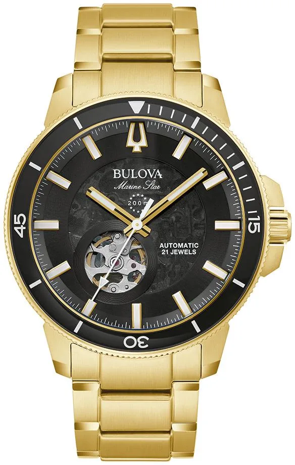 Bulova Watches Men's Marine Star Series C Gold-Tone Stainless Steel Bracelet Watch Black Dial