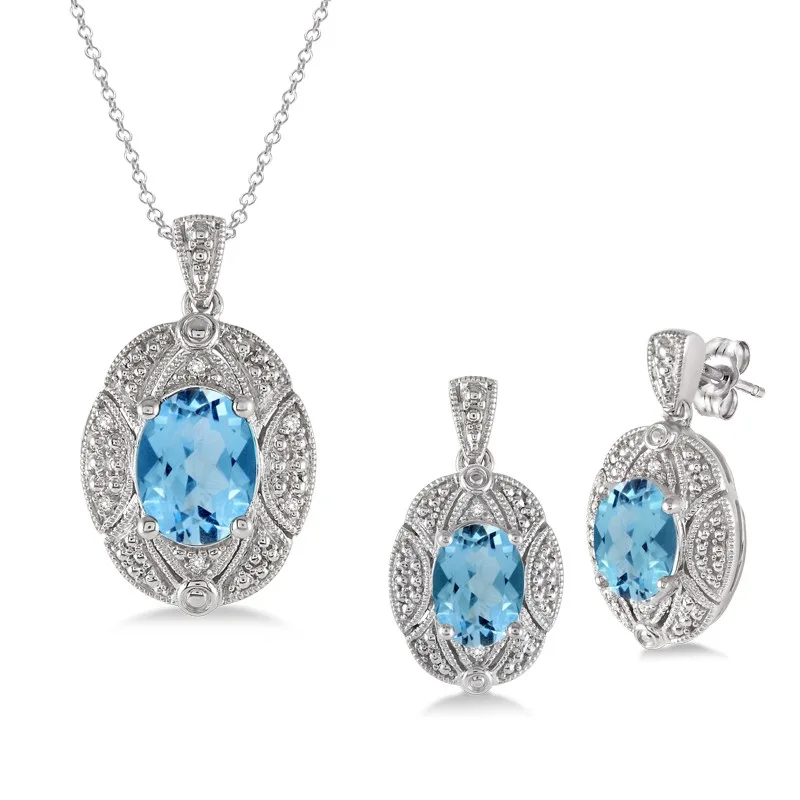 Jilco Inc Blue Topaz And Diamond Earring & Necklace Set