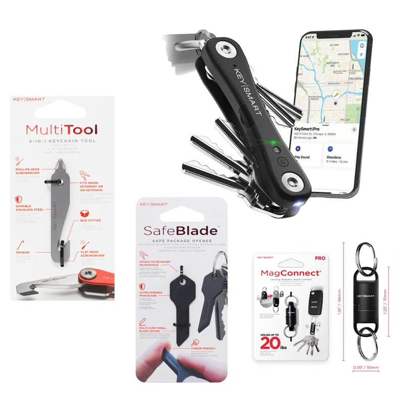 KeySmart Ipro Smart Key Organizer Works w/Apple Find My - Bundle - Black