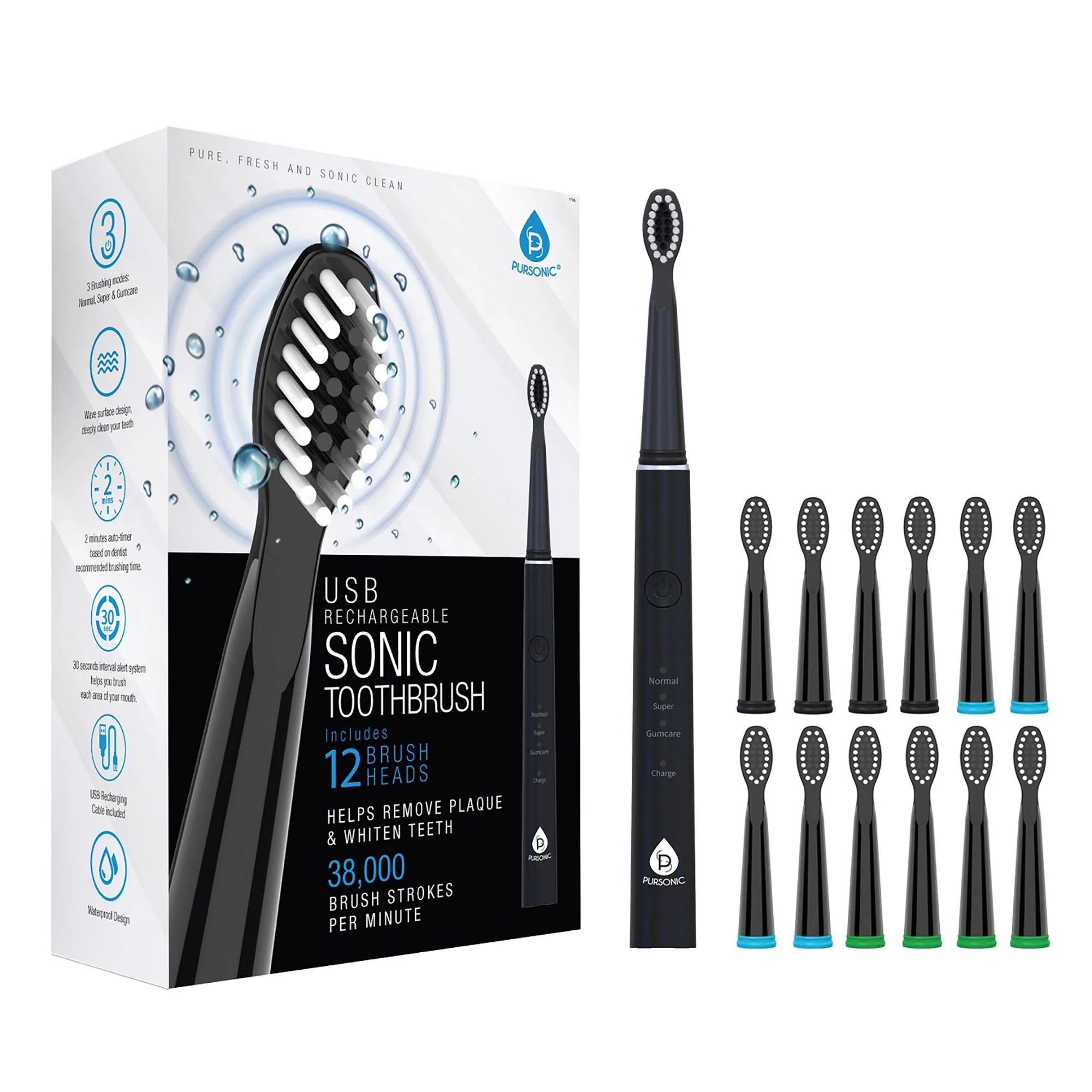 Pursonic Usb Rechargeable Sonic Toothbrush w/12 Brush Heads - Black