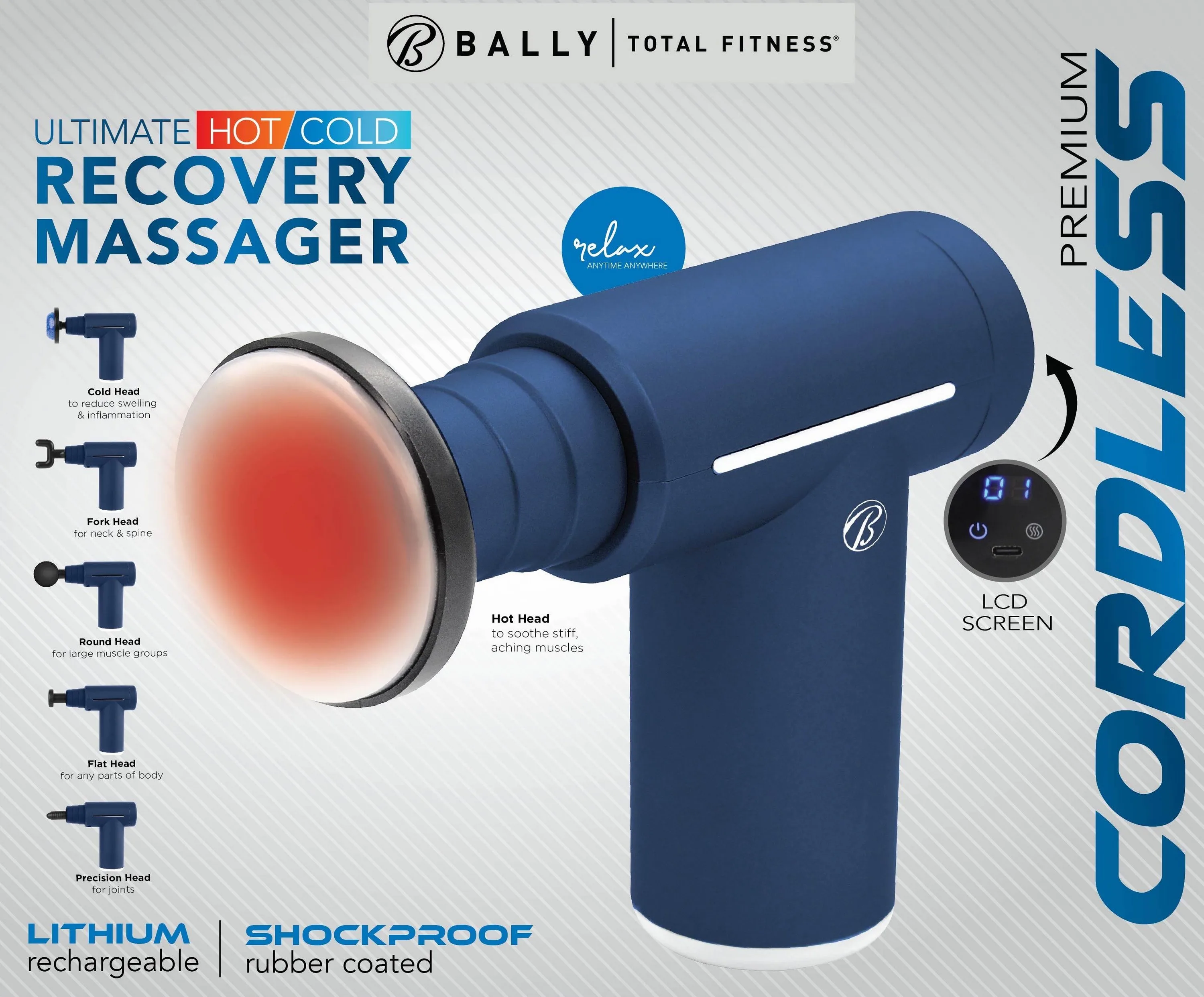 Health, Beauty & Fitness Bally Cordless Rechargeable Hot/Cold Percussion Massager Gun - Blue