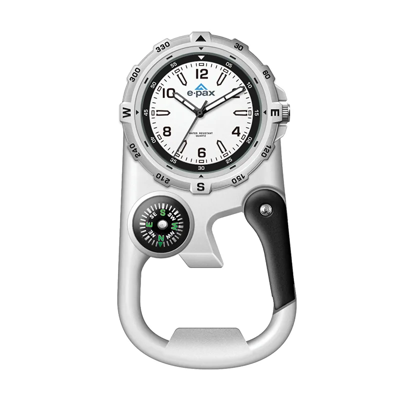 Wc8227 41mm Metal Matte Silver Pocket Watch, 3 Hand Mvmt, White Dial, Compass, Carabiner