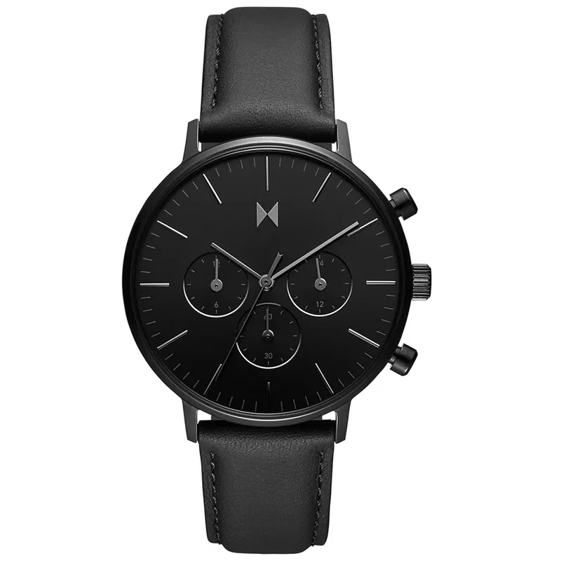 MVMT Mens Legacy Traveler Dual Time Panther Black Leather Strap Watch Black Dial