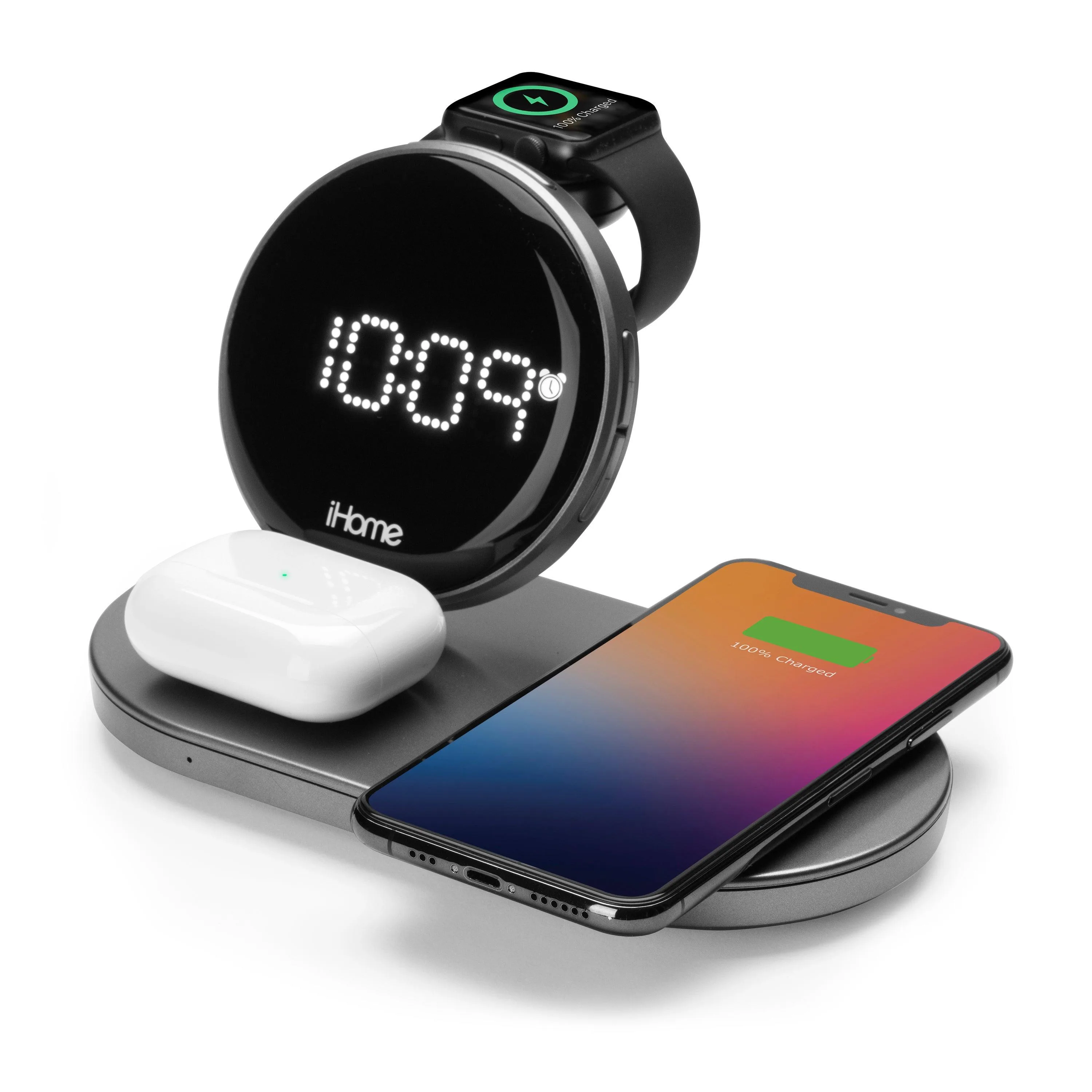 iHome Powerboost Compact Alarm Clock W/ Qi Usb And Apple Watch Charging