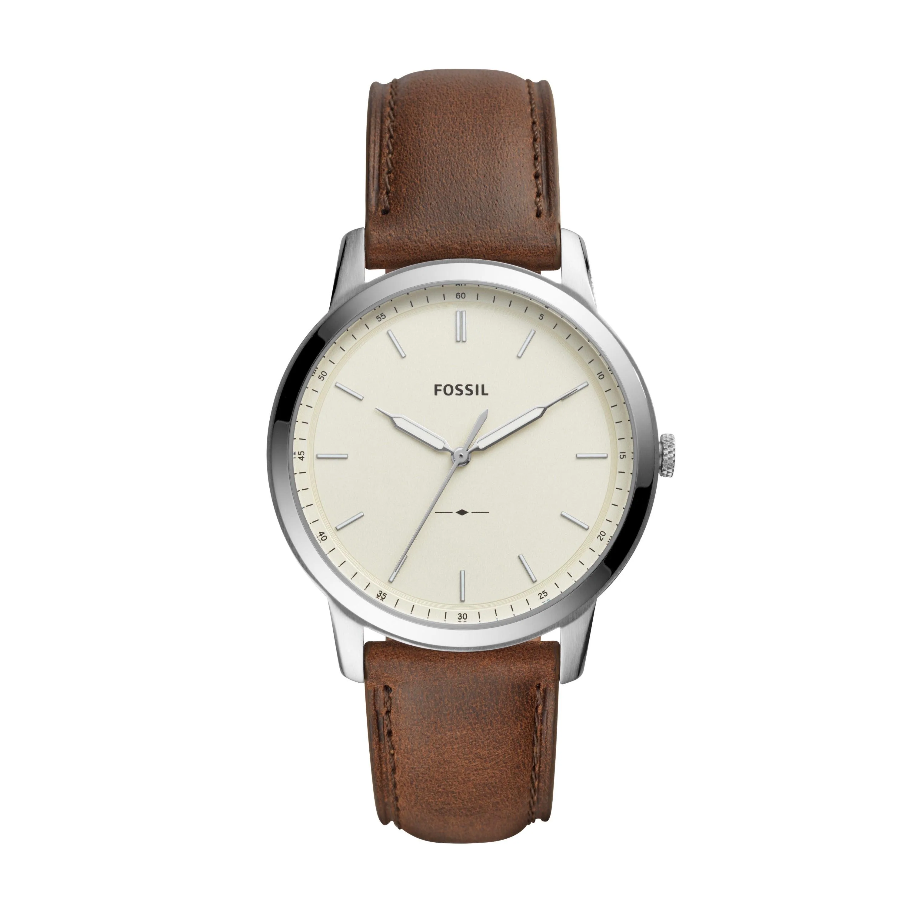 Fossil Men's Minimalist Brown Leather Strap Watch Beige Dial