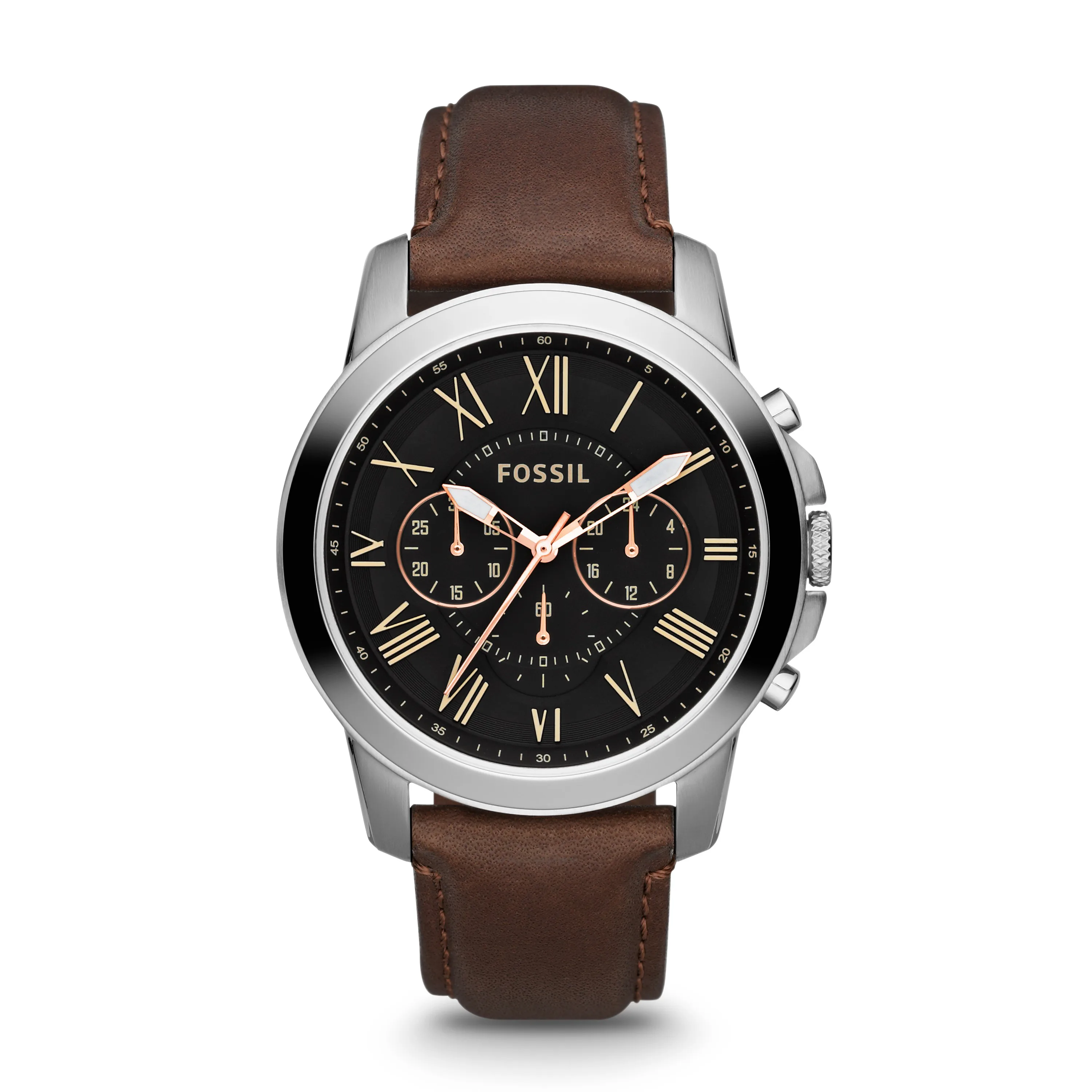 Fossil Mens Grant Chronograph Brown Leather Strap Watch Black Dial