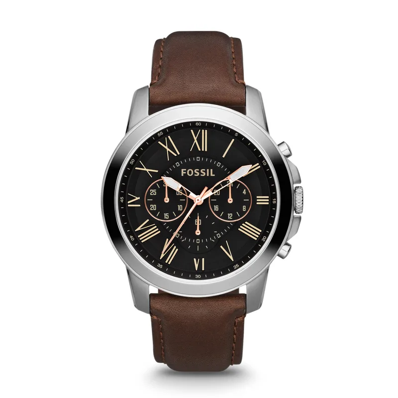 Fossil Mens Grant Chronograph Brown Leather Strap Watch Black Dial