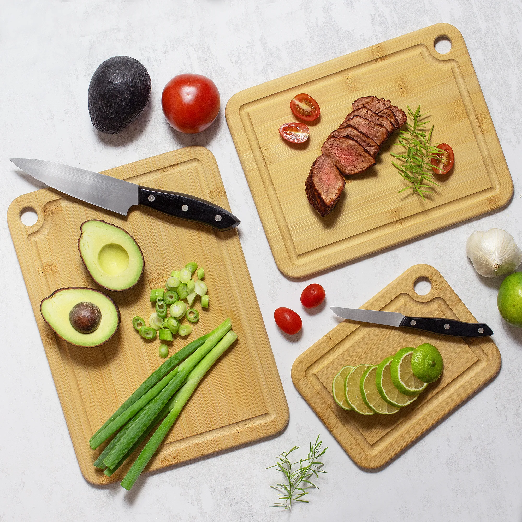 3Pc Bamboo Cutting & Serving Board Set with hanging holes view 3