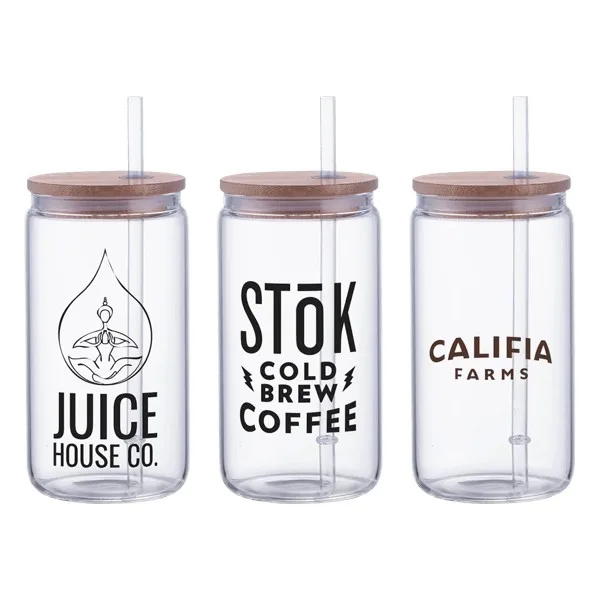 Danville 18oz Can Glass w Bamboo Lid and Straw view 2