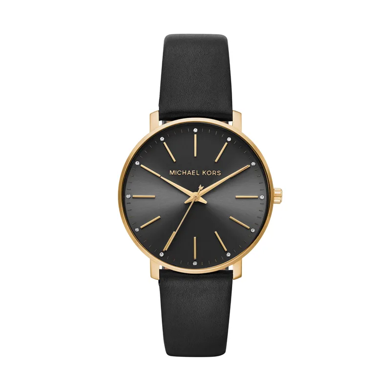 Michael Kors Ladies Pyper Gold-Tone Black Leather Strap Watch