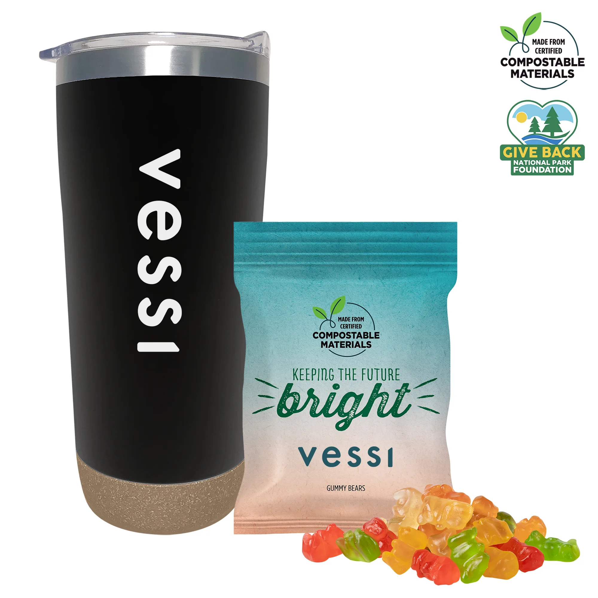 Cork Base Double Wall Tumbler with Compostable bag of Gummy Bears view 2