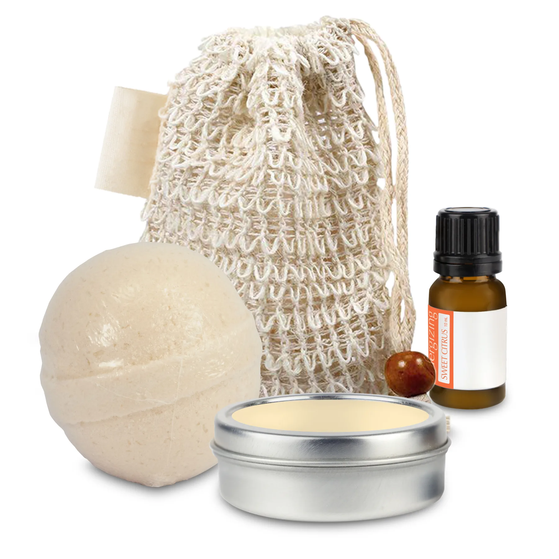 Loofah Bag with Bath Bomb, Candle Tin, and Essential Oil view 2