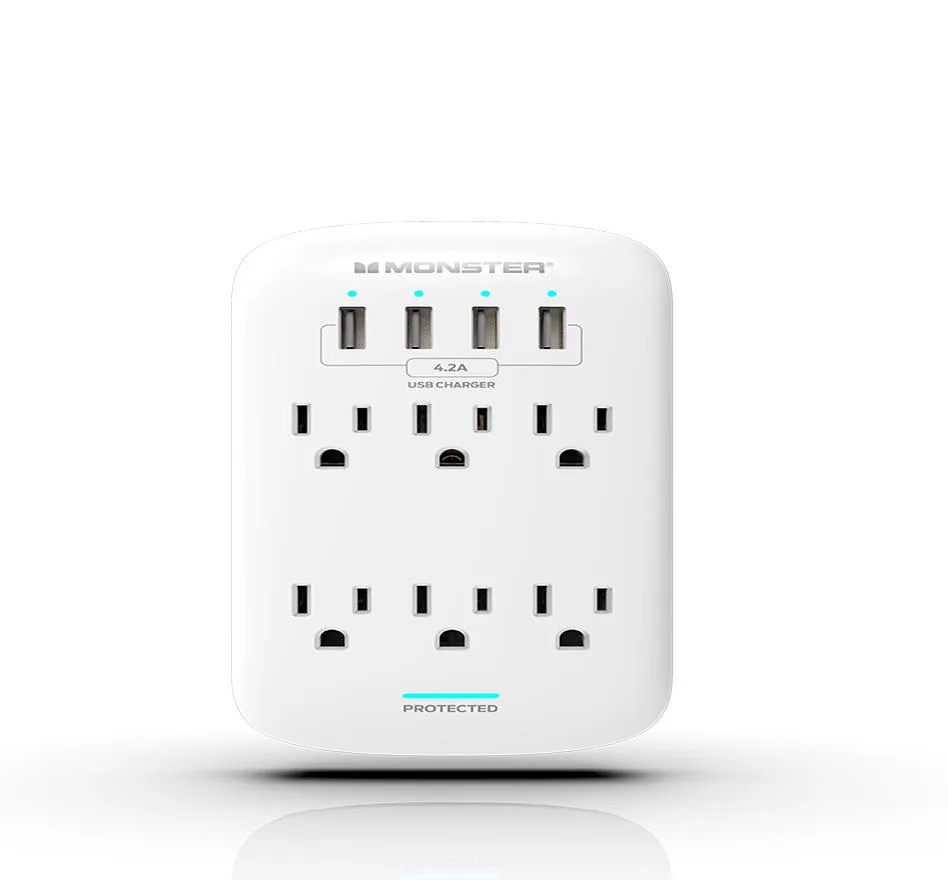 Monster Wall Surge Protector 6 Outlet 4 Usb - White