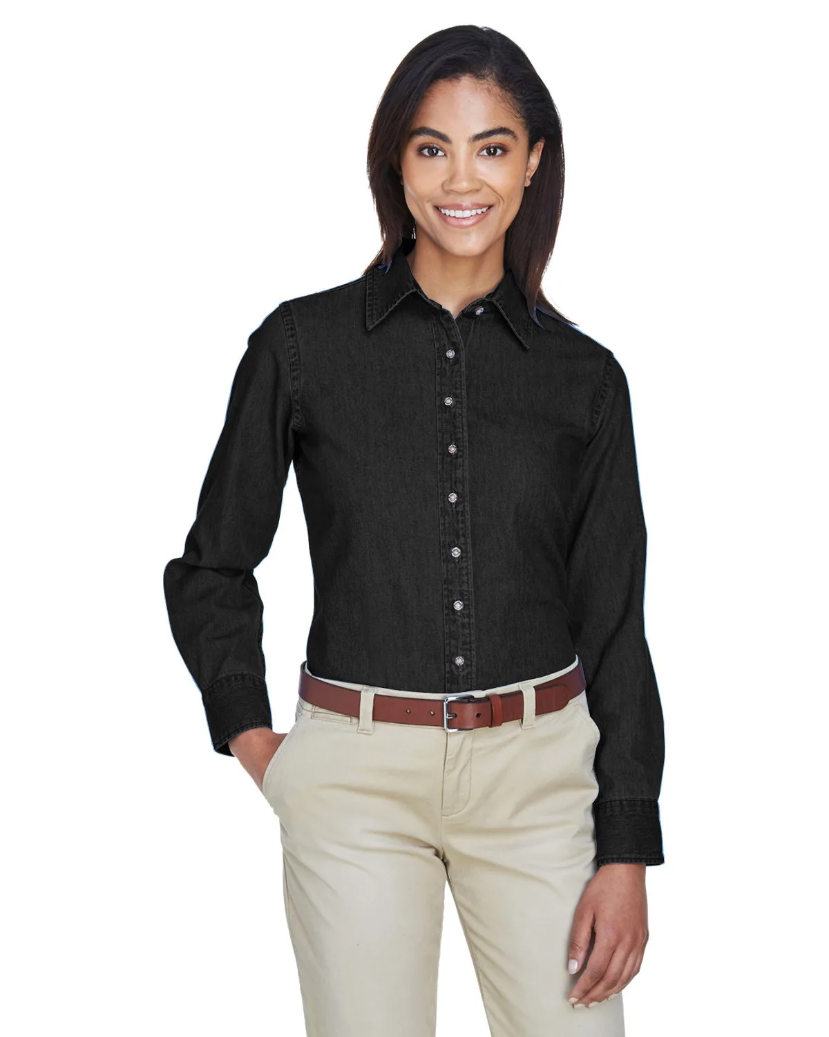 Harriton Women's Long Sleeve Denim Shirt view 3