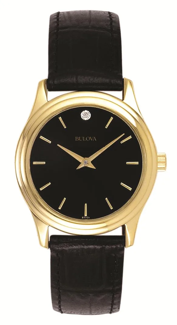Bulova Watches Corporate Collection Ladies' Black Leather Strap Watch w/Black Diamond Dial