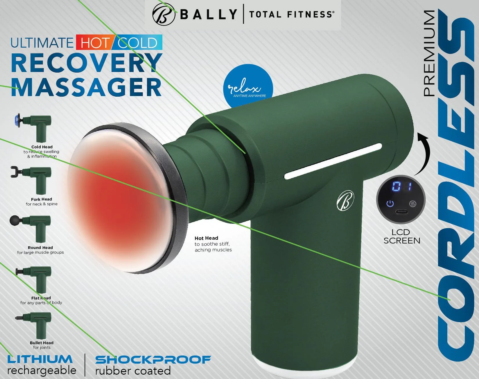 Health, Beauty & Fitness Bally Cordless Rechargeable Hot/Cold Percussion Massager Gun - Green