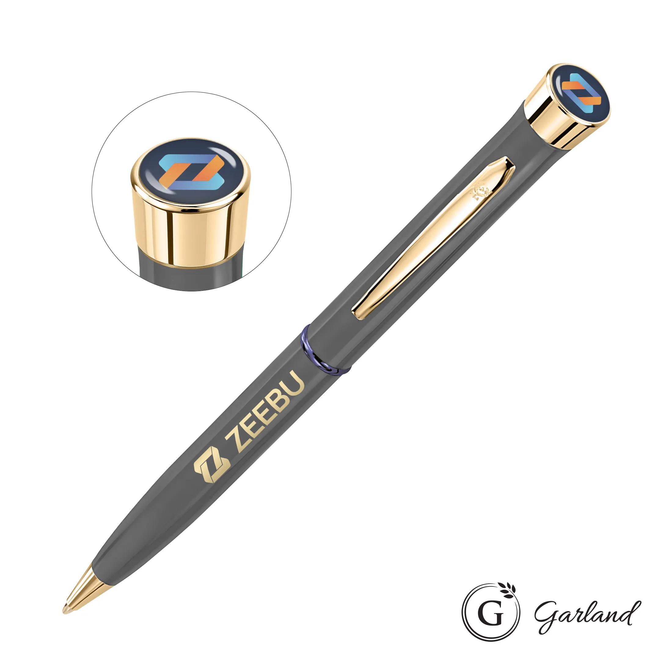 Custom, Ballpoint, Gold, Grey with Blue Band / Gold