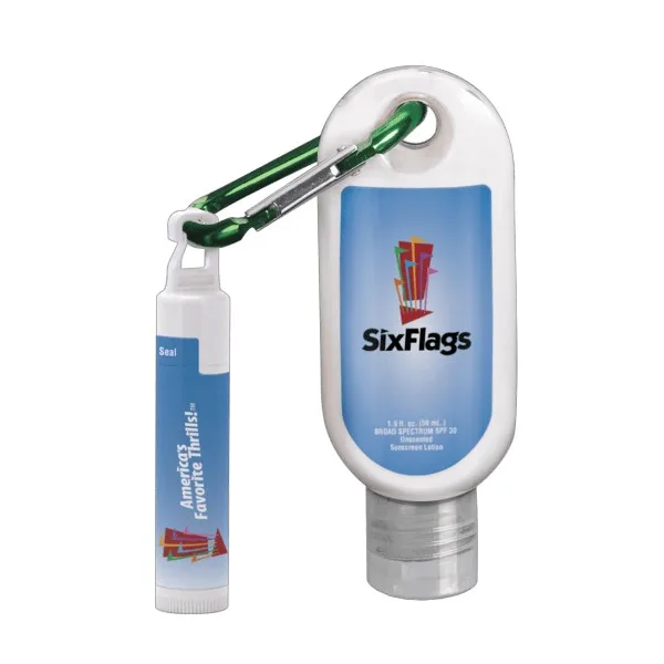 1.9 oz SPF 30 Sunscreen with Carabiner and SPF 15 Lip Balm in White Tube with Hook Cap