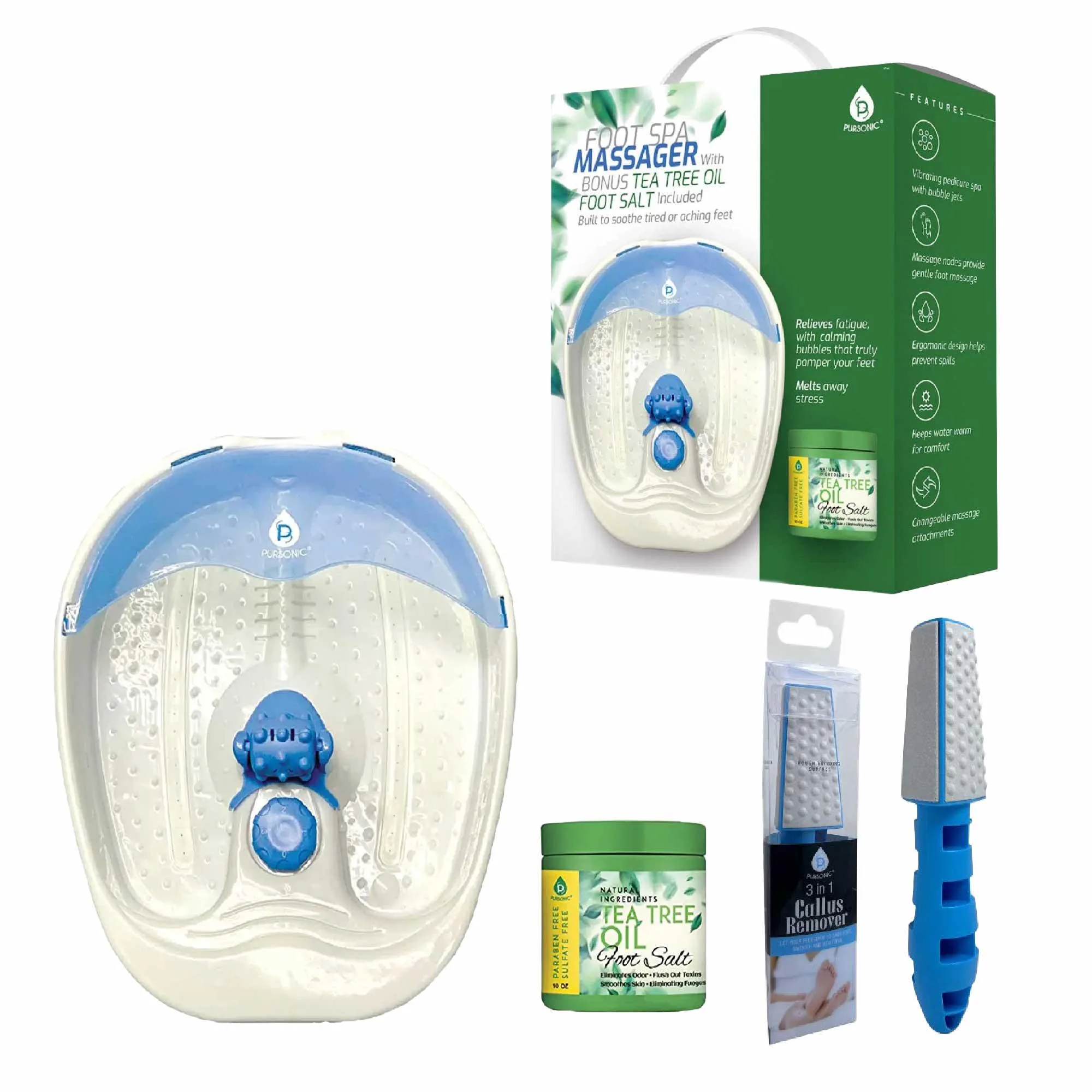 Pursonic Soothing Foot Spa Massager w/Tea Tree Salt Scrub & Callus Remover