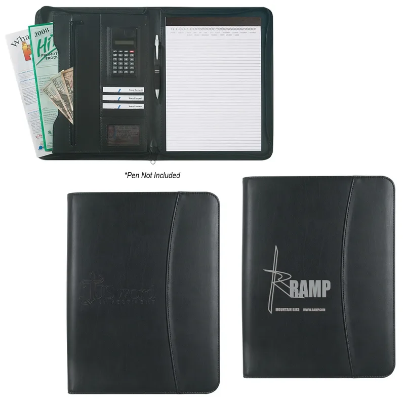 Leather Look 8 ½" X 11" Zippered Portfolio With Calculator view 2