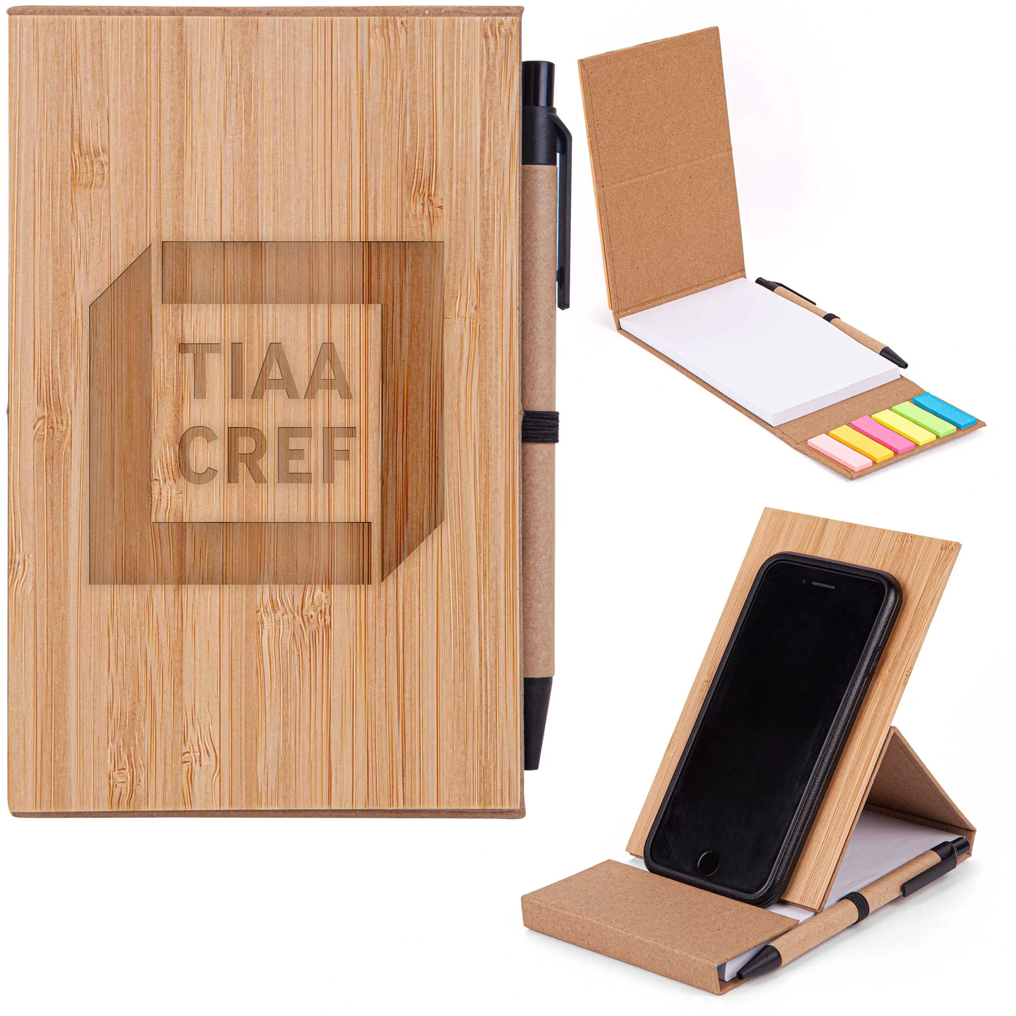Bamboo Phone Holder Notepad & Pen Set w/Sticky Notes