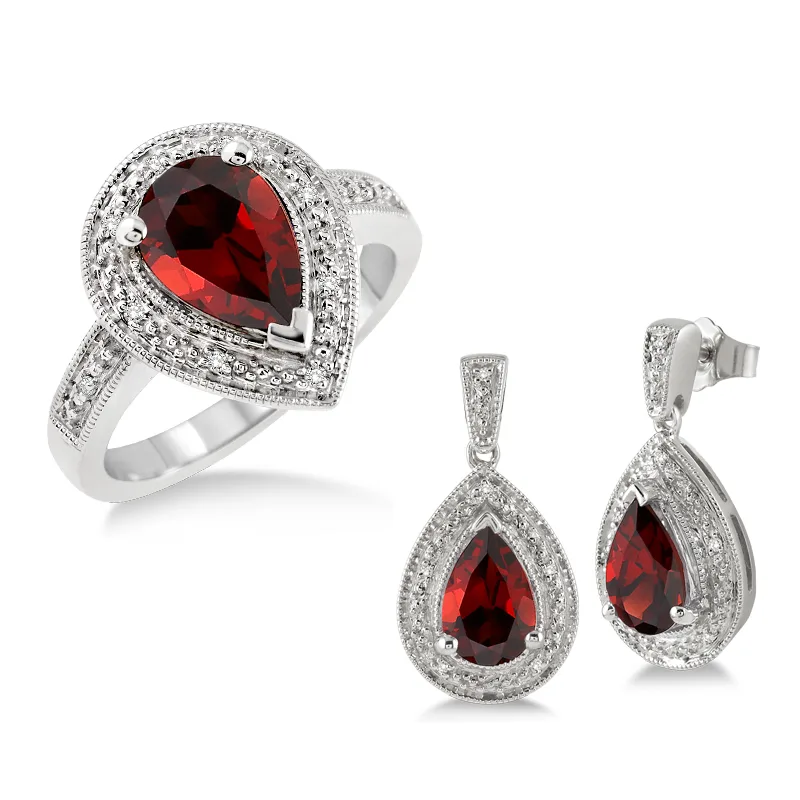 Jilco Inc Garnet & Diamond Earring And Ring Set