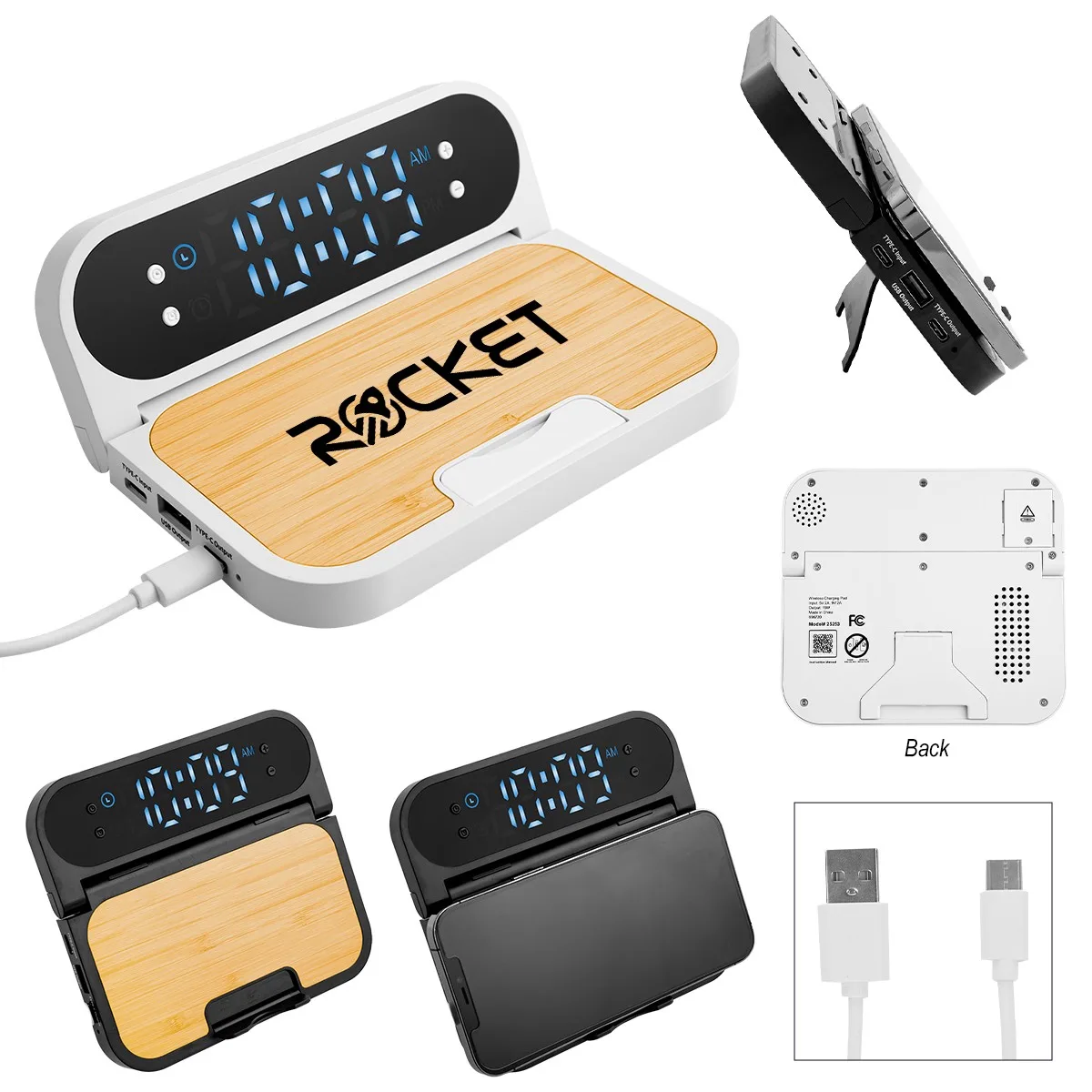 15w Bamboo Folding Charger With Digital Clock view 2