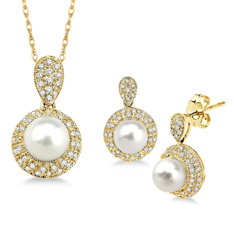 Jilco Inc Round Pearl Earring & Necklace Set - Yellow Gold