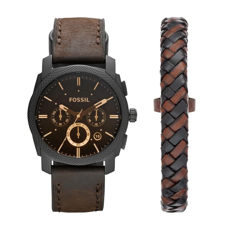 Fossil Mens Machine Chronograph Dark Brown Leather Watch & Bracelet Box Set