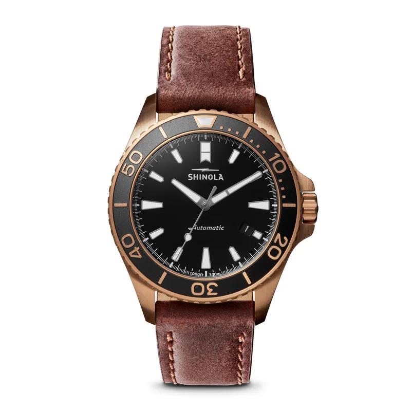 Shinola Mens' Bronze Monster Automatic Teak Leather & Khaki Strap Watch Black Dial