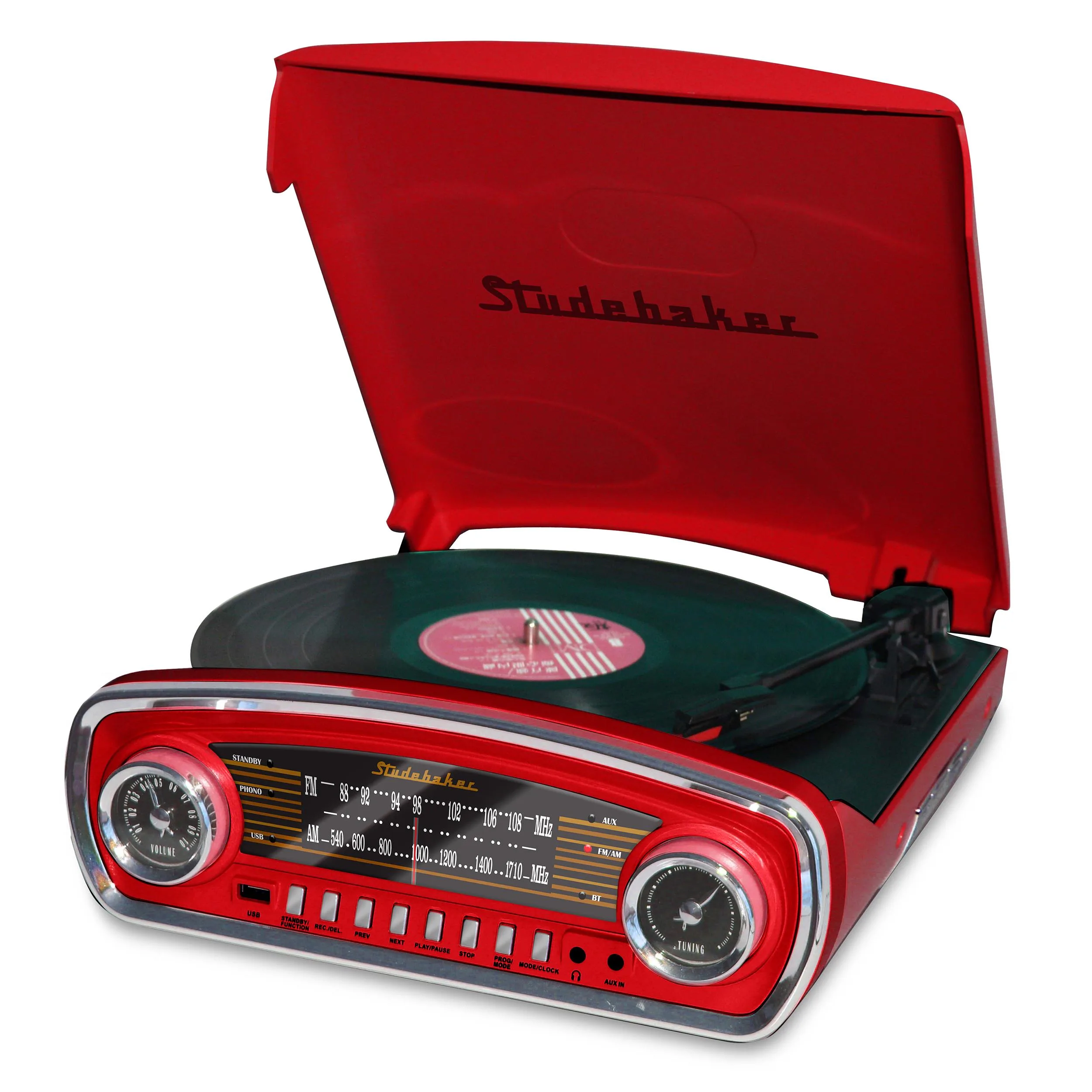 Studebaker Red 3 Speed Turntable w/Bluetooth Receive And Am/Fm Radio