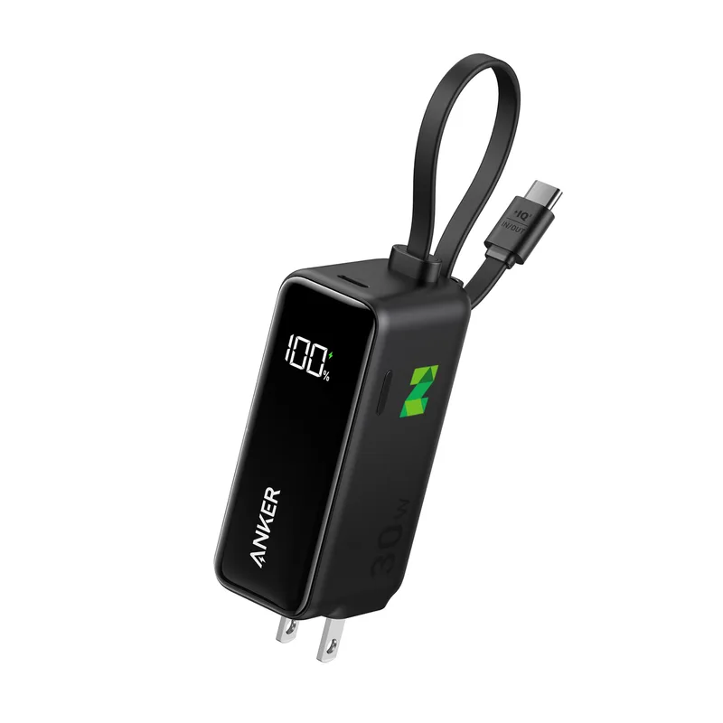 Anker® Power Bank USB-C Charging Block (30W, Fusion, Built-In Cable) - Black