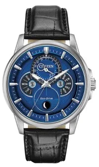 Citizen® Men's Calendrier Moonphase Eco-Drive® Watch w/Black Strap & Blue Dial