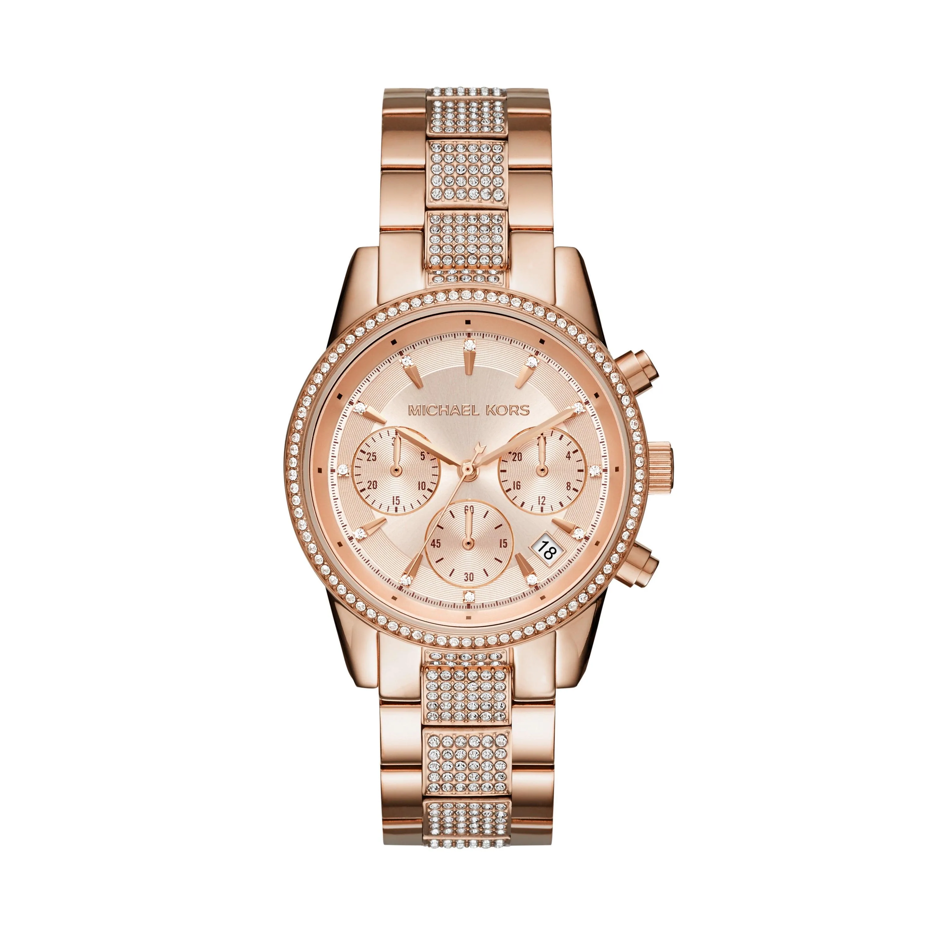 Michael Kors Ladies Ritz Pave Rose Gold-Tone Chronograph Stainless Steel Watch Rose Gold Dial