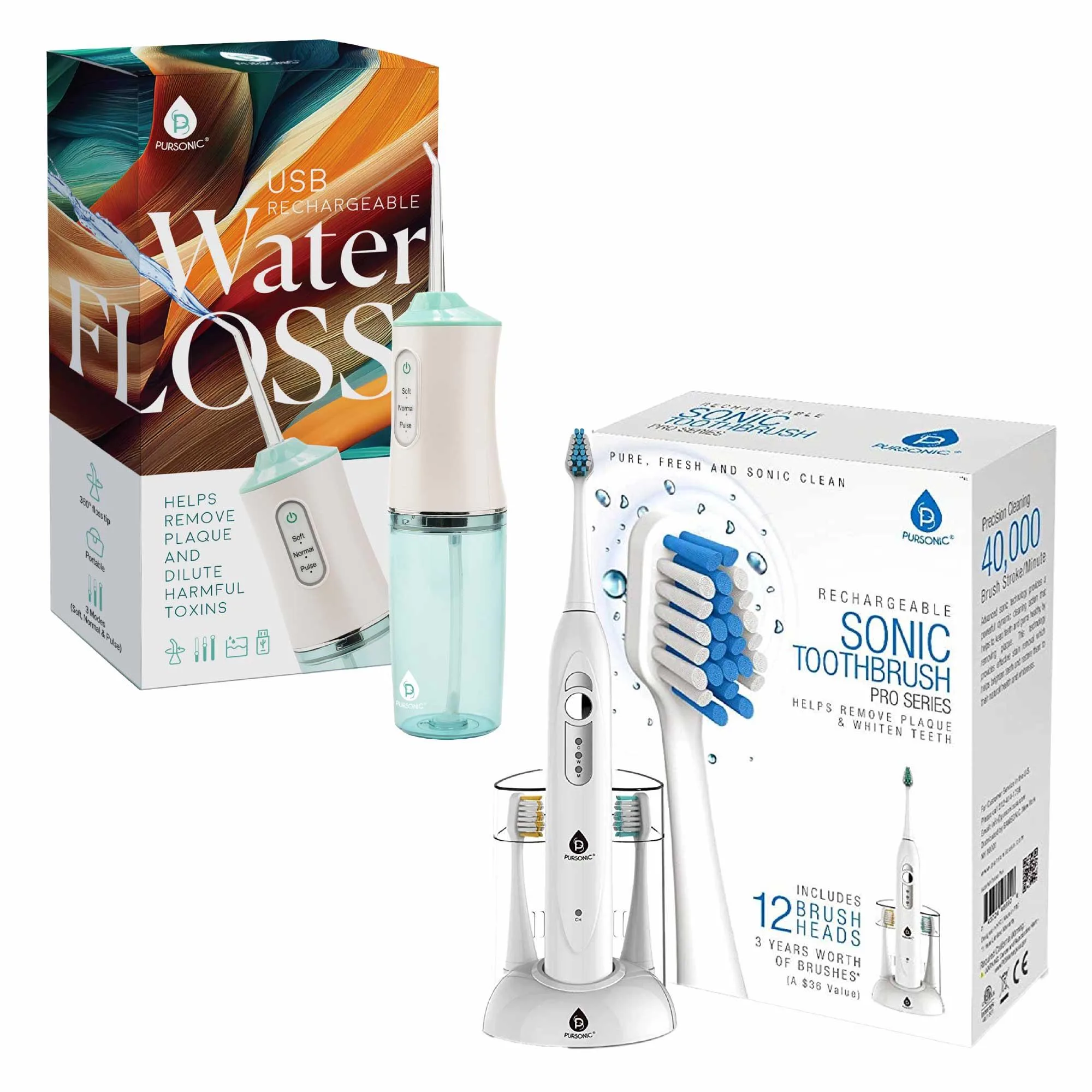 Pursonic Pursonic Rechargeable Toothbrush & Water Flosser Duo w/Multi-Year Supply