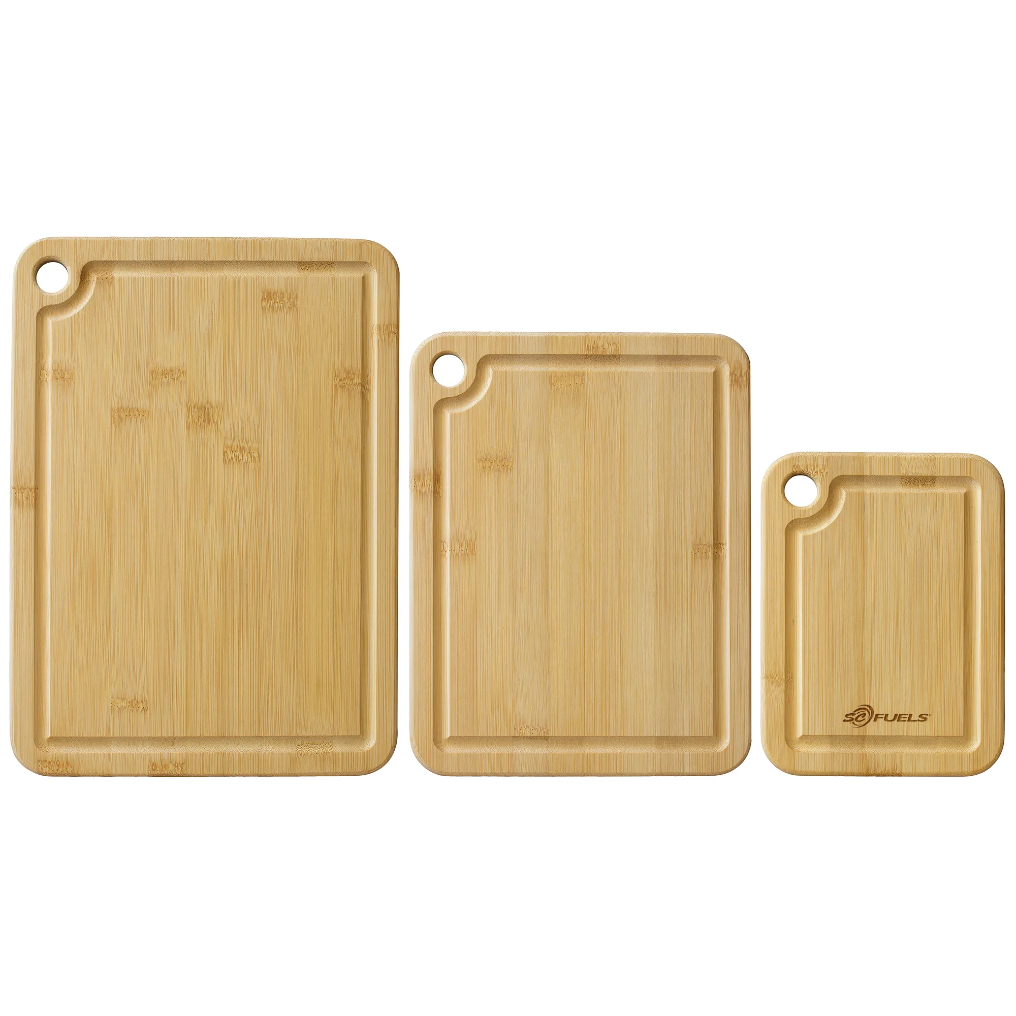 3Pc Bamboo Cutting & Serving Board Set with hanging holes