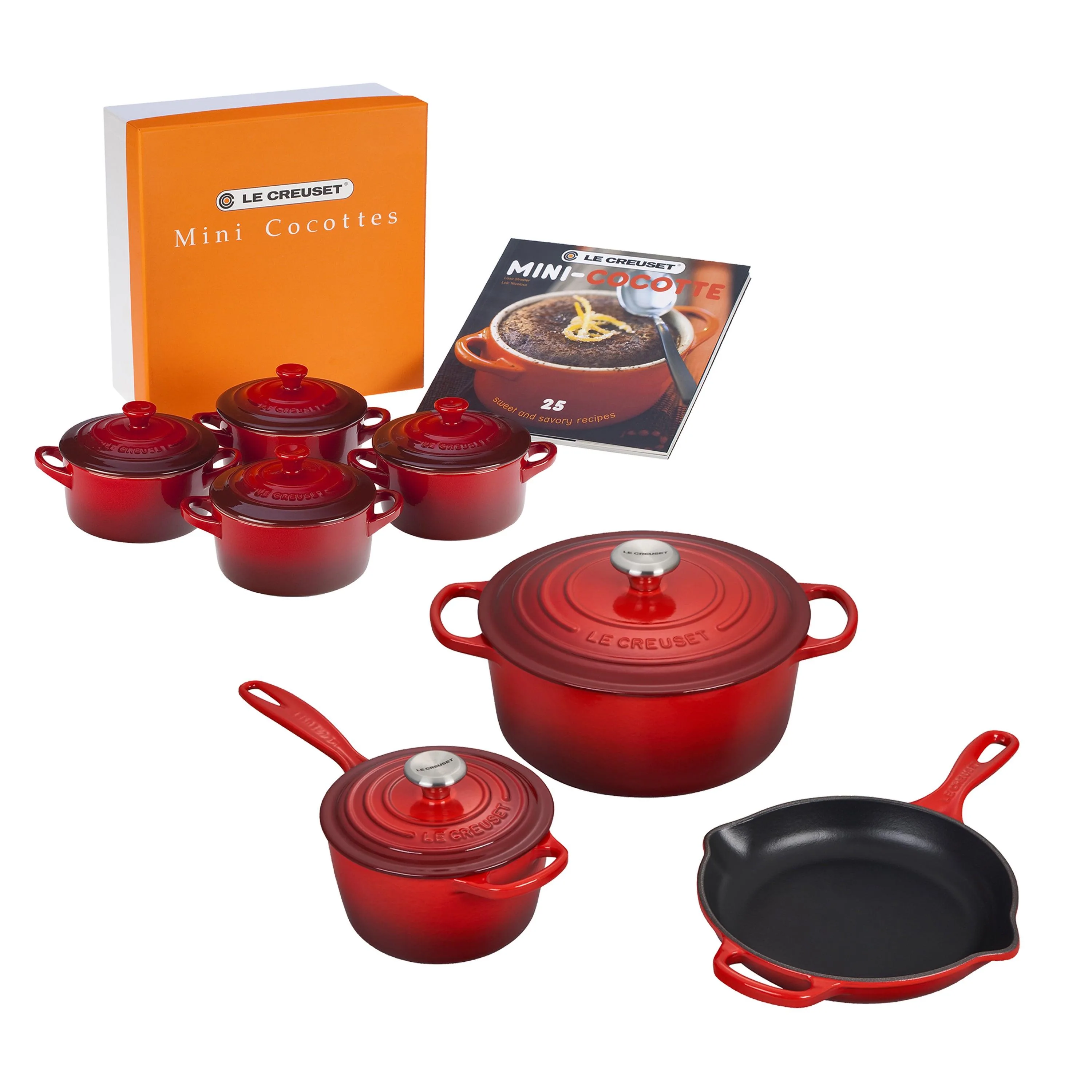 Le Creuset 5Pc Cast Iron Cookware W/ 4Pk 8Oz Mini Cocottes Cerise