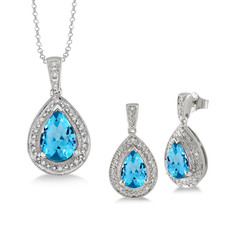Jilco Inc Blue Topaz & Diamond Earring And Necklace Set
