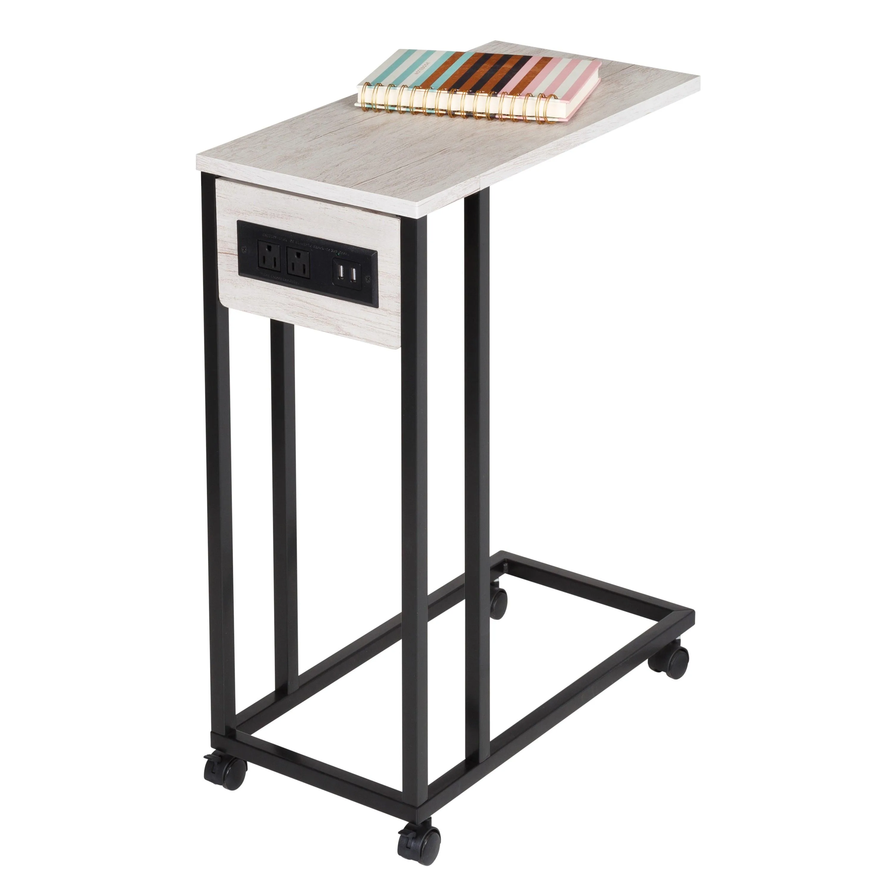 Honey-Can-Do C-Shaped Side Table W/ Outlets & Wheels Gray & Black