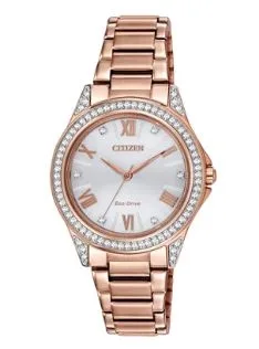 Citizen® Ladies' Drive Pink Gold-Tone Watch w/Silver Dial & Brilliant Crystals