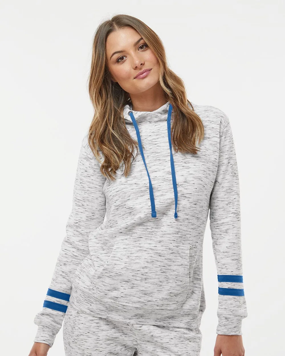 J. America® Women's Melange Fleece Striped Sleeve Hooded Sweatshirt view 2
