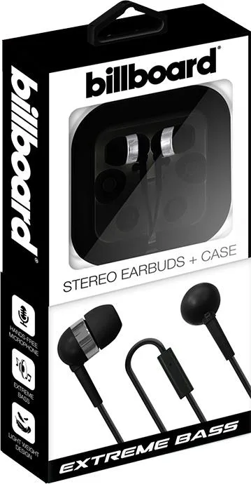 Billboard Black Wired Stereo Earbuds w/Mic & Matching Case