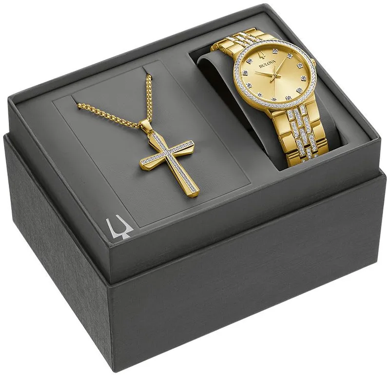 Bulova Watches Men's Crystal Box Set Stainless Steel Bracelet Watch, Champagne Dial