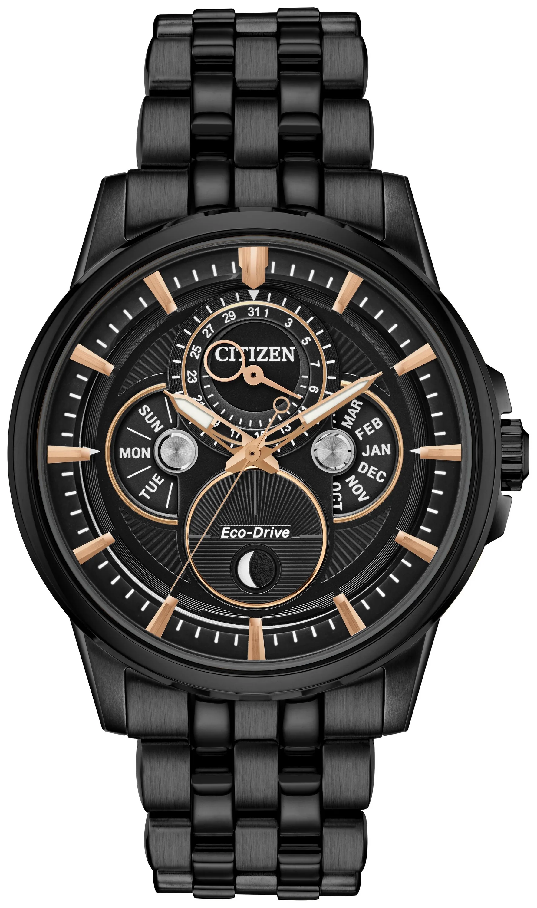 Citizen Watch Men's Calendrier Moonphase Eco-Drive Watch, Black Bracelet w/Black Dial