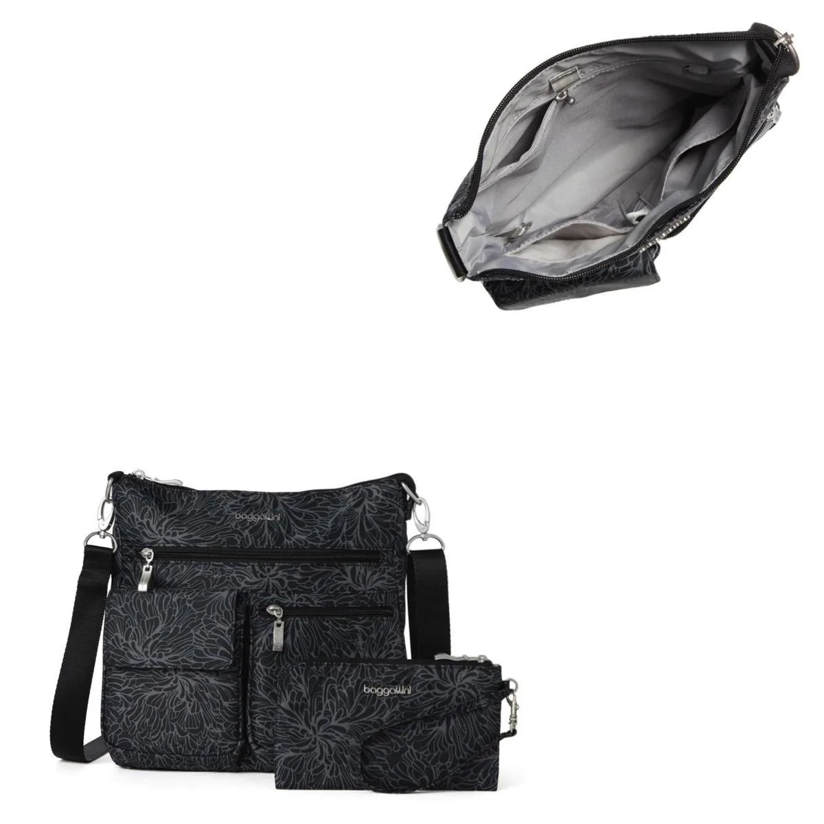 Baggallini Modern Everywhere Slim Crossbody Bag - Midnight Blossom Black