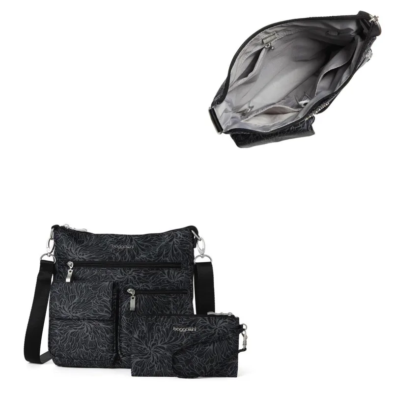 Baggallini Modern Everywhere Slim Crossbody Bag - Midnight Blossom Black