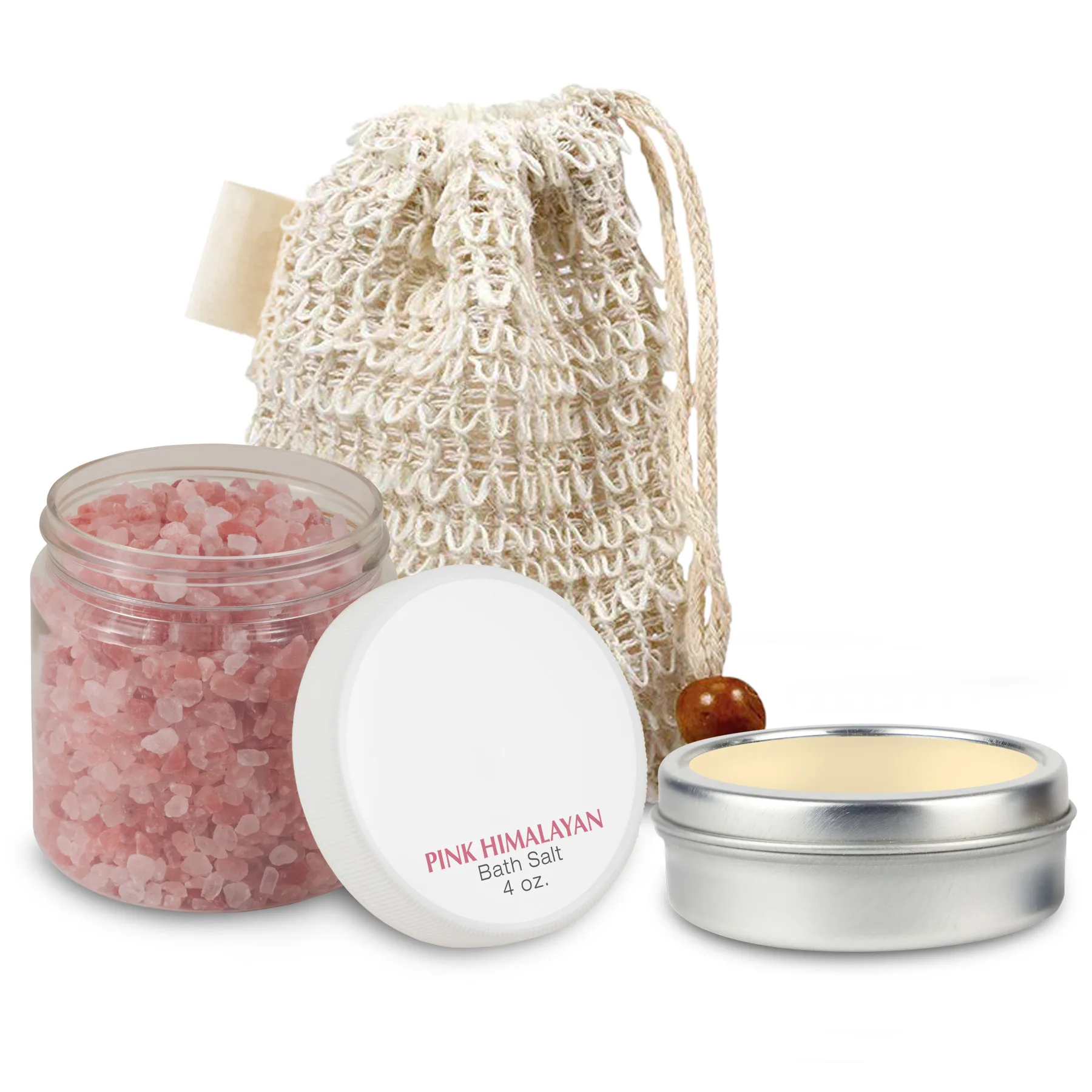 Loofah Bag Self Care Set with Bath Salts and Candle, Sewn-in Tag view 2