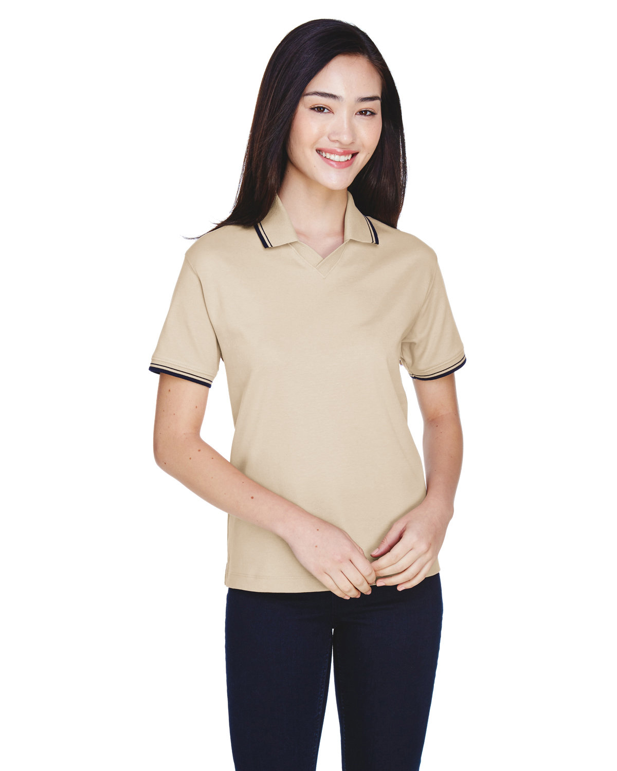 Devon and Jones Ladies' Tipped Perfect Pima Interlock Polo